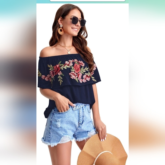 Women's Off Shoulder Rose Embroidery Loose Blouse Top Size XL - Picture 5 of 6